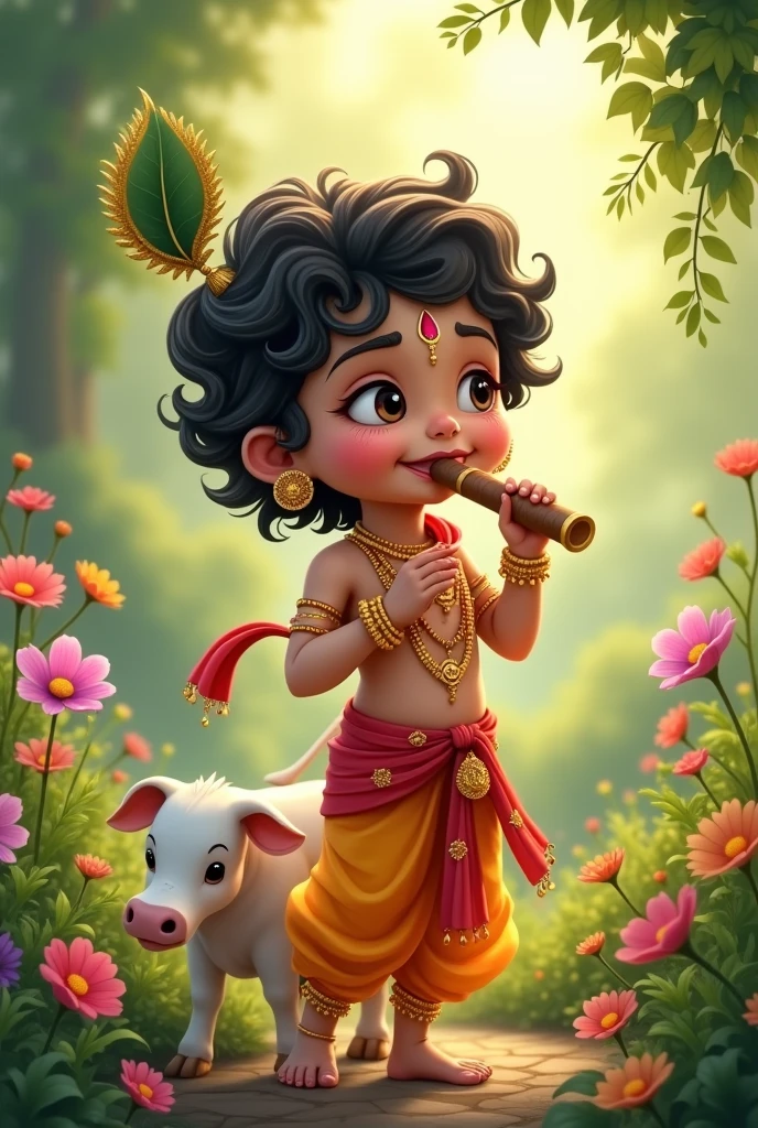 Generate Kanhaiyya, a ??? avatar of Krishna of 5-6year old playing flute and wearing gold Jewellery sitting in Garden with a Cow
Also keep free space above krishna for text