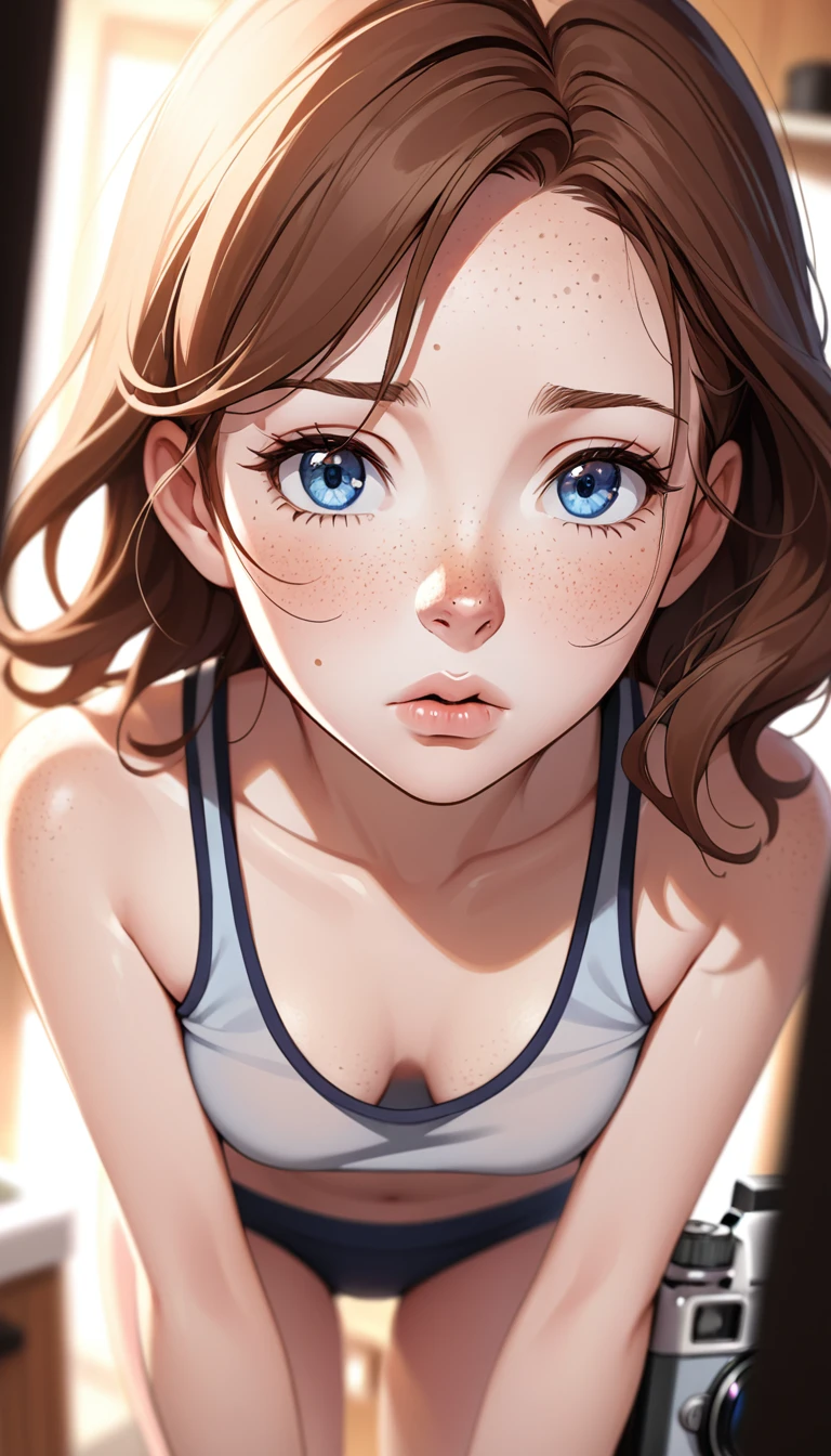 {
"Close-up view of a with wavy brown hair, blue eyes, fair skin, and freckles, her lips wrapped around the erection of a 3 man, camera_angle: {Close-up, focusing on her swollen lips and intense expression}, outfit: {Girl: naked from the waist down, with a simple tank top on}, physical_description: {Girl: slim body, round face, freckles on cheeks, slightly flushed expression, intense concentration in her eyes}, background: {Blurry background emphasizing the intimacy of the act, with soft morning light filtering through the kitchen window}"
}