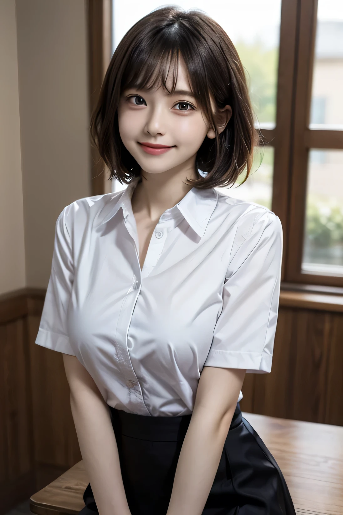 cowboy shot, masterpiece, top quality, high resolution, HDR, 8k, very beautiful Japanese girl in casual office shirt, black skirt, short hair, wavy hair, black hair, bangs, ((big breasts)), concentrated face, smile, happy, random pose, perfect