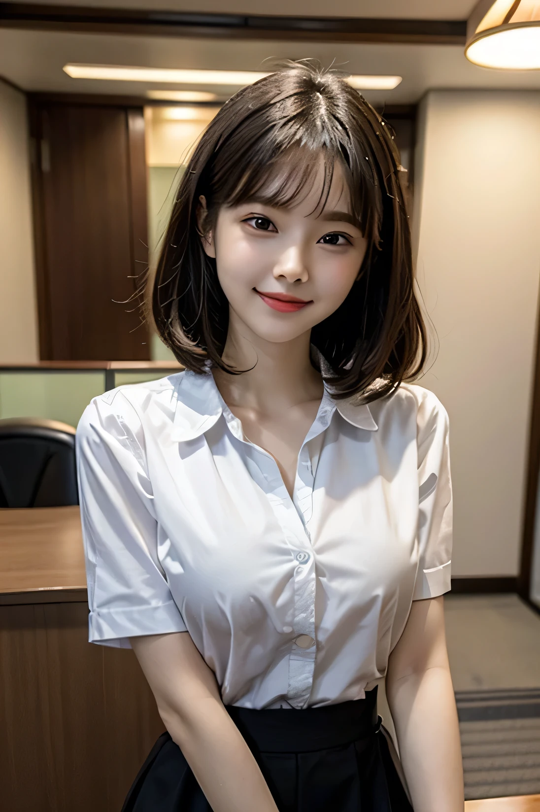 cowboy shot, masterpiece, top quality, high resolution, HDR, 8k, very beautiful Japanese girl in casual office shirt, black skirt, short hair, wavy hair, black hair, bangs, ((big breasts)), concentrated face, smile, happy, random pose, perfect