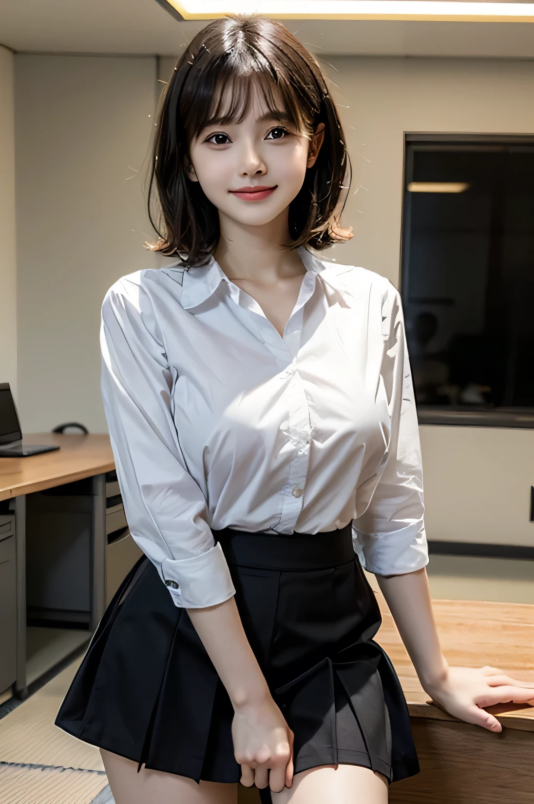 cowboy shot, masterpiece, top quality, high resolution, HDR, 8k, very beautiful Japanese girl in casual office shirt, black skirt, short hair, wavy hair, black hair, bangs, ((big breasts)), concentrated face, smile, happy, random pose, perfect