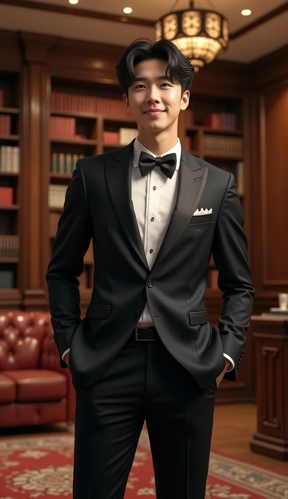 Image of a young black-haired Korean man in a very elegant suit. Inside a luxurious office excited