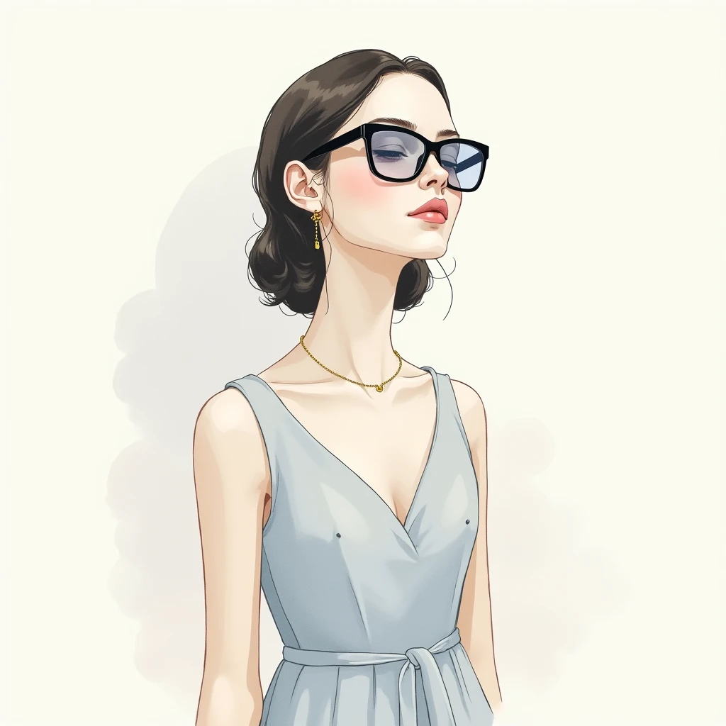 A striking minimalist illustration of an ethereal young woman wearing glasses. The artwork is expertly rendered with clean lines and a soft color palette of light grey, off-white, subtle gold, and blue. The watercolor technique adds an elegant touch, creating a serene atmosphere. The subject's serene expression and poised pose embody tranquility, while her fashionable attire, including a stylish dress and sleek glasses, adds a modern touch. This artwork is a perfect blend of minimalism and fashion, making it an ideal piece for fashion, illustration, or poster inspiration.