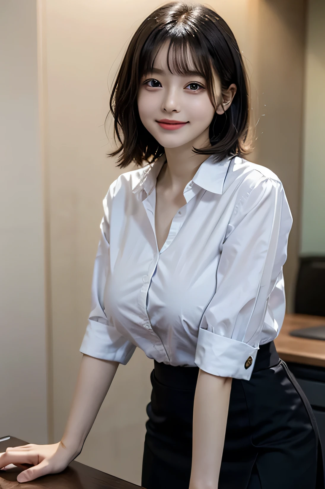 a close up of a woman in a white shirt and grey skirt, white hime cut hairstyle, smooth white tight clothes suit, White blouse, wearing white v - neck top, wearing shirt, white trendy clothes, White Hanfu, White color, In a white blouse shirt, loose coat collar sailor uniform, Korean girl, fine white shirt, young and cute girl