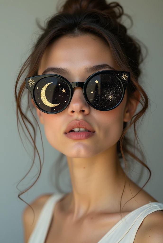 The model is wearing glass sunglasses with stars and the moon on the glass
