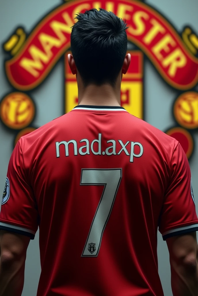 Make a ronaldo not ronaldo name from a backside with 2008 Manchester united jersey and short same as same like Manchester and with the background of Manchester united logo and write the name on his shirt (MAD.AXP) and shirt no 7 look the background gorgeous with Manchester United logo