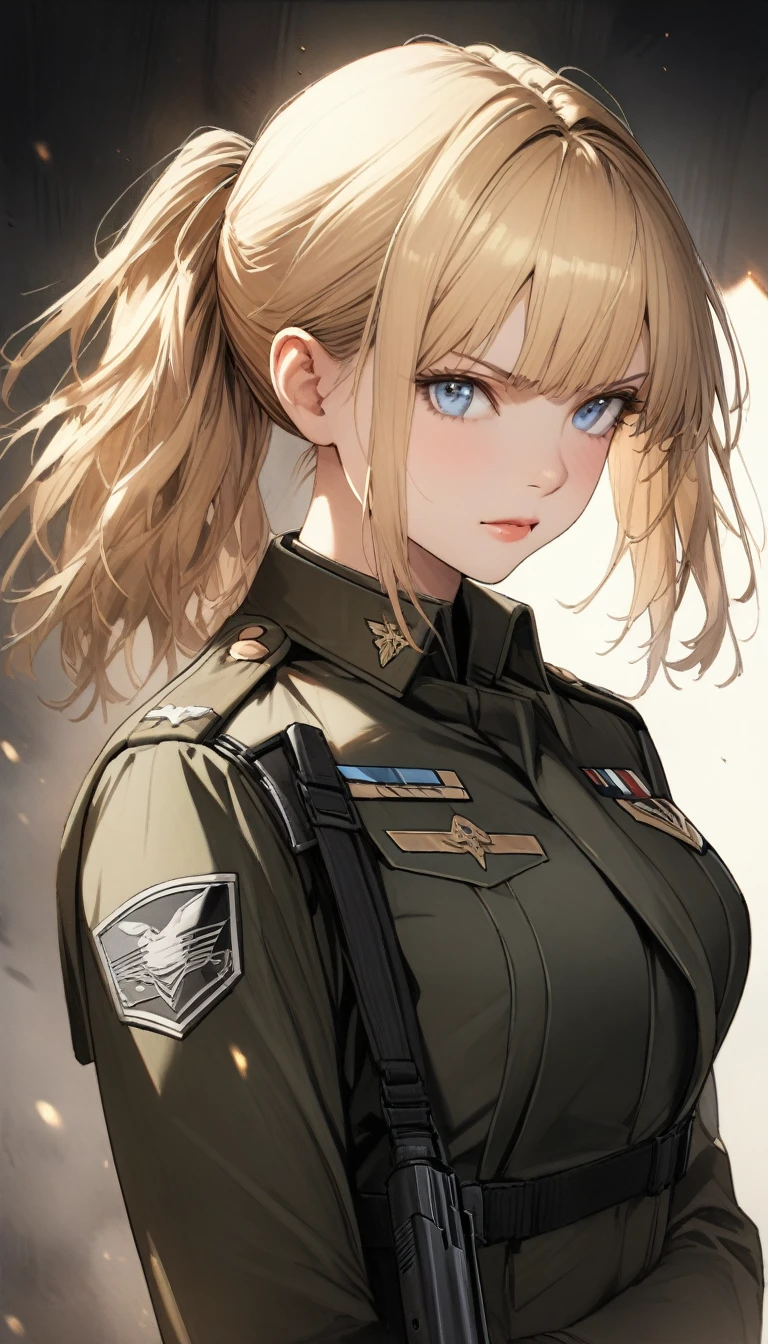 score_9, score_8_up, score_7_up, source_anime, best quality, amazing quality, absurdres, very aesthetic, 1girl, beautiful detailed eyes, beautiful detailed lips, military uniform, blue eyes, medium hair, Blonde hair, ponytail, holding army handgun, serious expression, side view, high quality, 8k, photorealistic, professional photography, cinematic lighting, dramatic shadows, muted color palette, gritty military style,