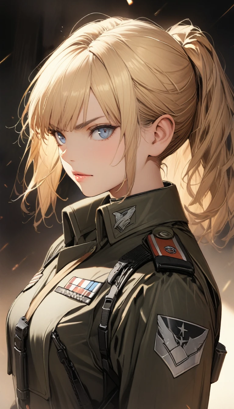 score_9, score_8_up, score_7_up, source_anime, best quality, amazing quality, absurdres, very aesthetic, 1girl, beautiful detailed eyes, beautiful detailed lips, military uniform, blue eyes, medium hair, Blonde hair, ponytail, holding army handgun, serious expression, side view, high quality, 8k, photorealistic, professional photography, cinematic lighting, dramatic shadows, muted color palette, gritty military style,