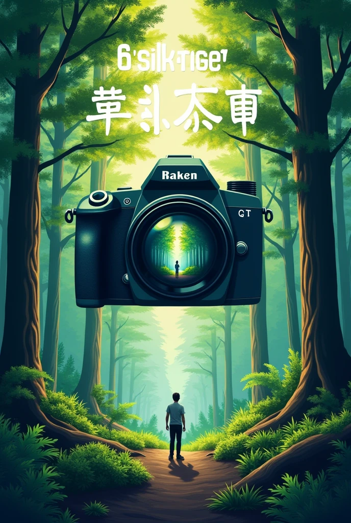 Create a poster with the title of the forest photography competition at the top with the camera focus in the middle and the forest planting activity at the bottom.