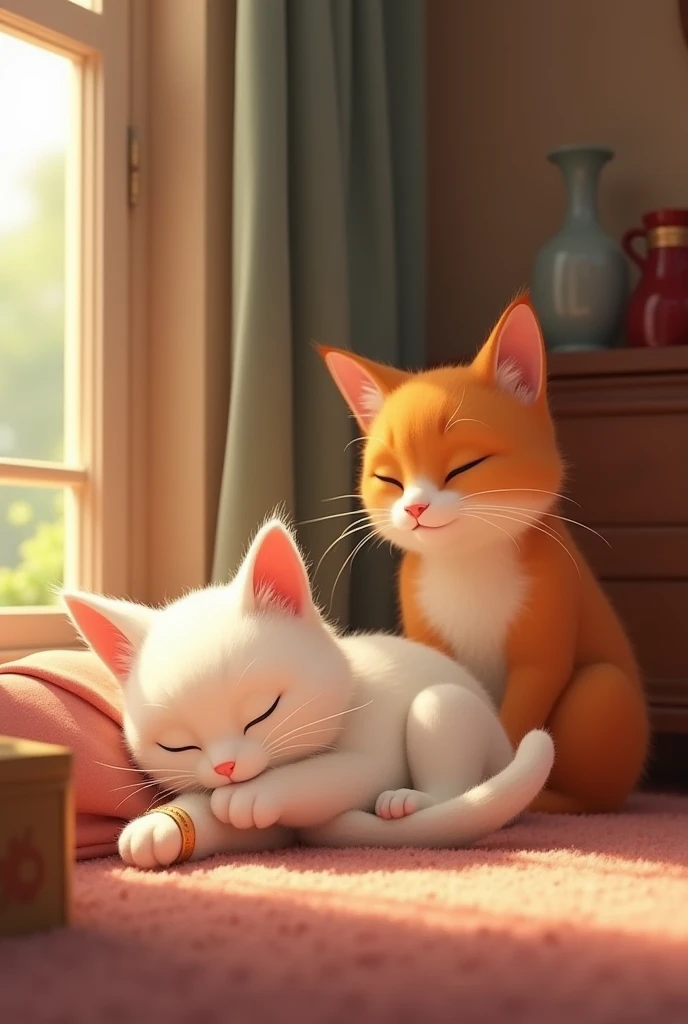 Moti brown band Sona white cat Sona with a Small Injury: Sona resting in a cozy corner with a small bandage on her paw, while Moti sits nearby, keeping her company. Pixar style