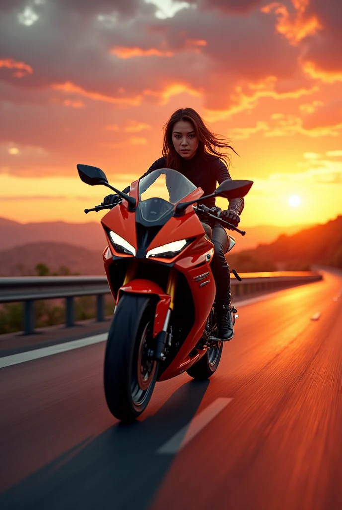 Cute girl driving sport bike mt15 in highway road sunset time 