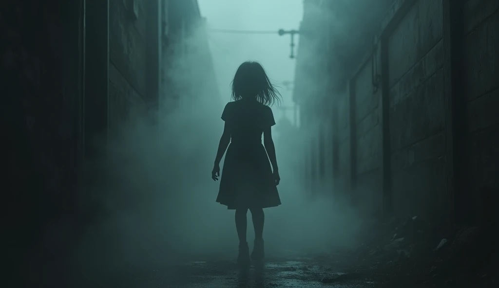 A dark-toned image, where the ghostly figure of a sinister young girl with torn school clothes can barely be seen, His pale face emerging from the shadows with a macabre smile, and a light mist covering the ground, which creates an atmosphere of mystery and terror.