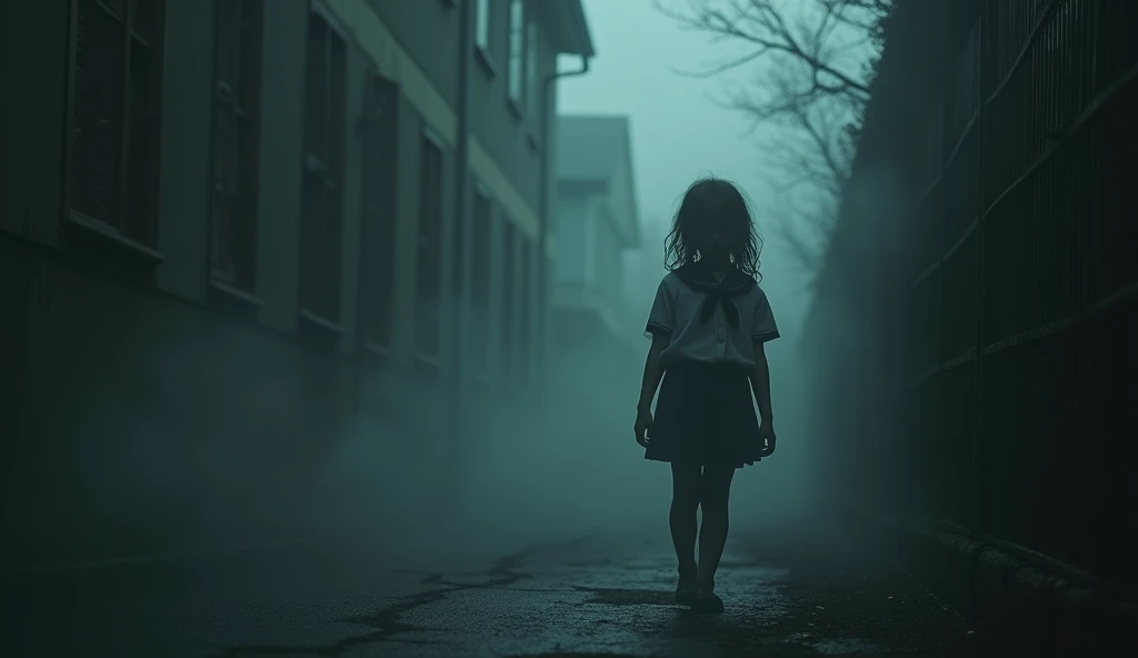A dark-toned image, where the ghostly figure of a sinister young girl with torn school clothes can barely be seen, His pale face emerging from the shadows with a macabre smile, and a light mist covering the ground, which creates an atmosphere of mystery and terror.