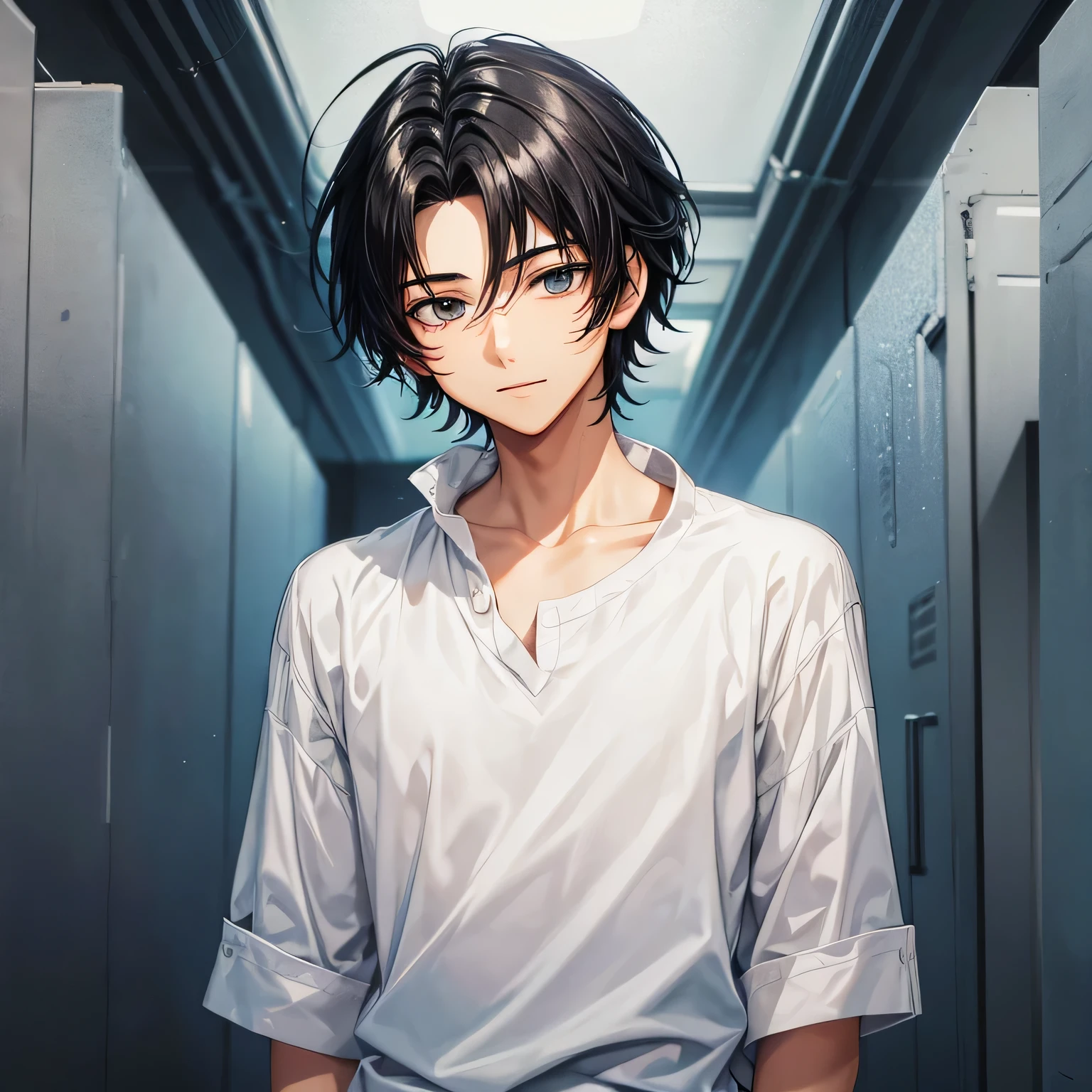 An anime-style illustration of a young man in his late teens or early twenties, from the shoulders up.	
He has short, slightly tousled black hair and a soft, gentle face.	
He wears a white shirt with a collar.	
His eyes are large and expressive, with a calm and somewhat melancholy expression.	
The overall style is clean and minimalist, with soft tones and an anime-inspired aesthetic.	
inspired aesthetic, subtle details and smooth lines.	
Smile, no background	