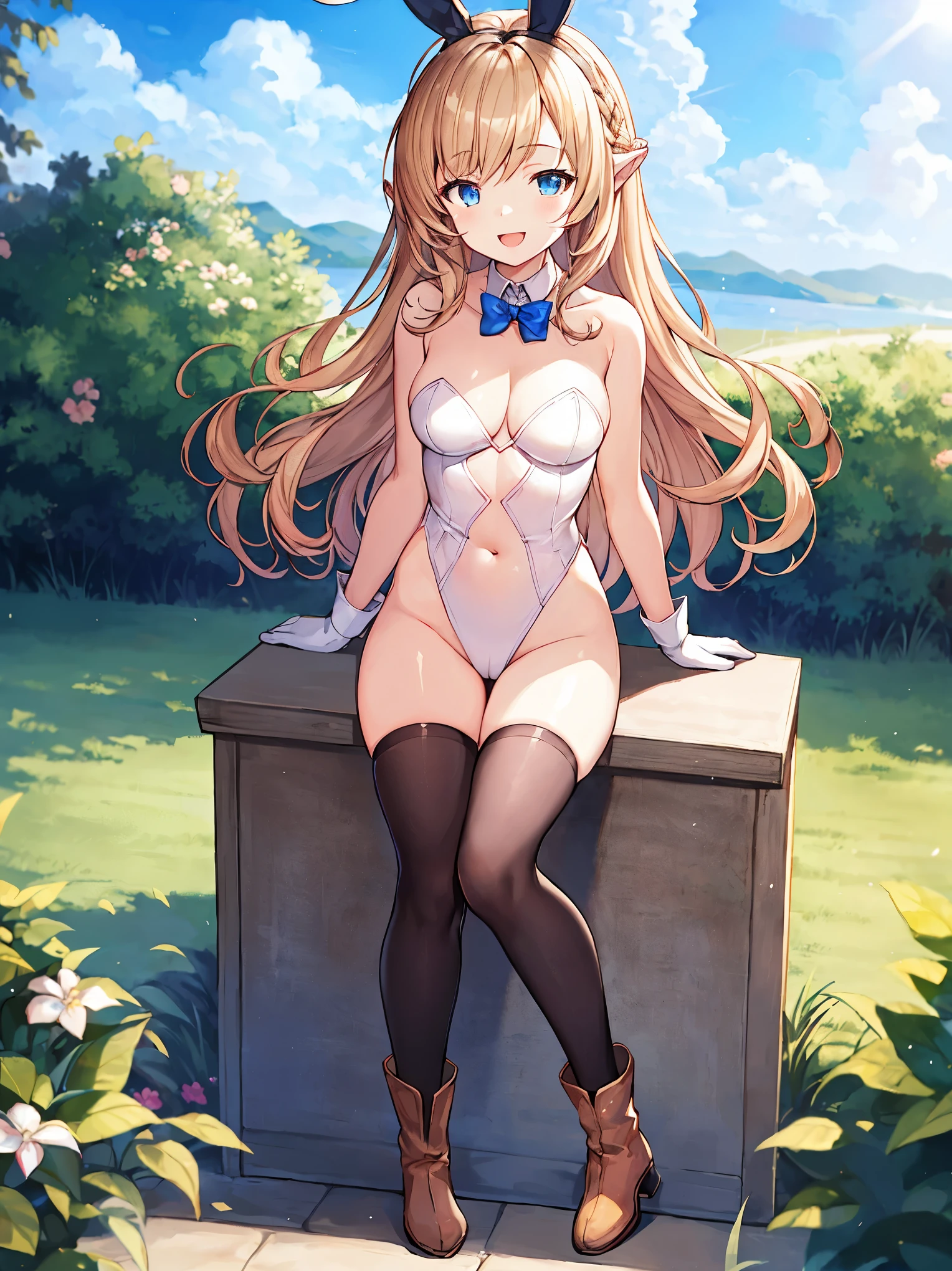 GRANBLUEfantasy,1ung_tegirl,brown_hair,long_curly_hair,platina_blond_hair,white_leotard,covered_crotch,thigh-highs,smile,standing,bluesky_landscape_background,slightly_spread_legs,happiness, short_gloves ,solo, r18, navel,relicbuster,short,boots,open_mouth,sitting,knees,blush,shy,bunny_ears,solo.