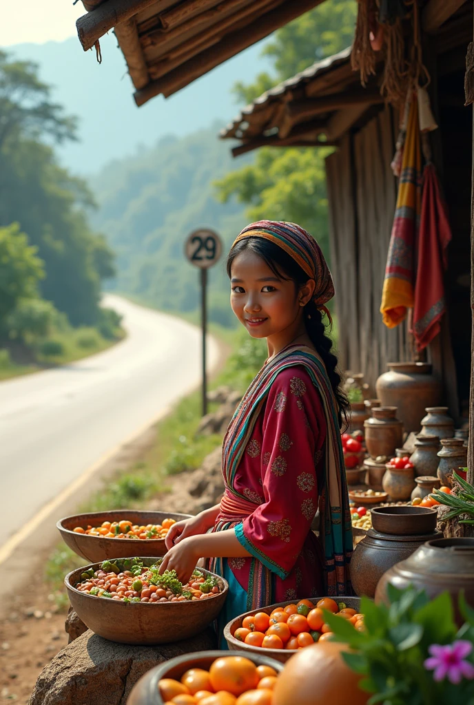 A Burmese girl is selling a market in front of a hut next to Mile 29 of the highway

