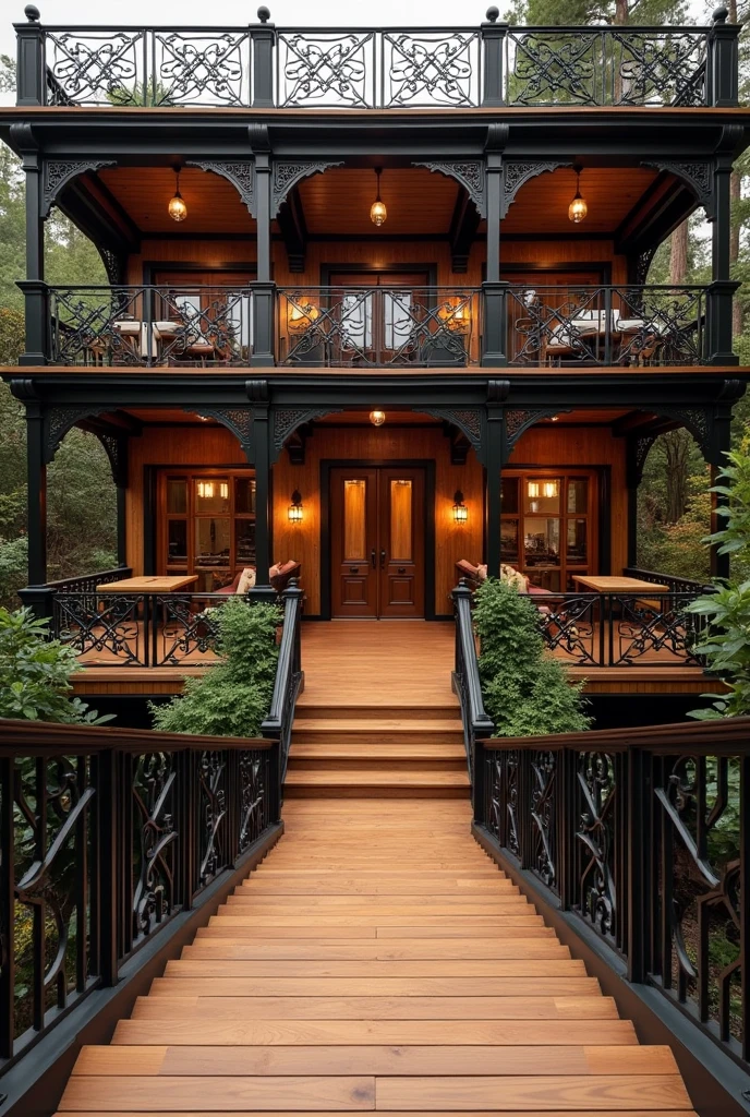 Party terrace made of wrought iron and wood with parallel stairs leading to the bathrooms below

