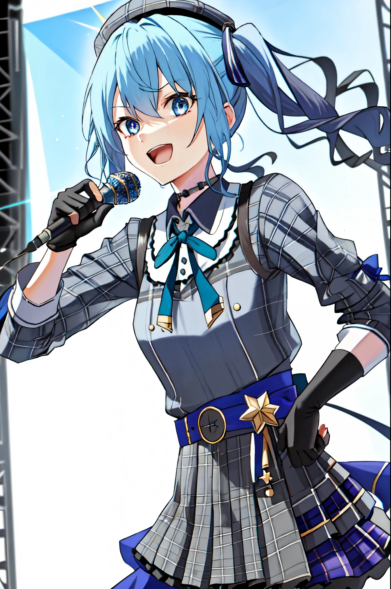 1 girl、Star Town Suisei、Blue eyes、gloves、microphone、Blue Hair、Plaid、hat、choker、Open Mouth、Plaid hat、Side Ponytail、beret、crown、skirt、Has a black gloveicrophone、Partially fingerless gloves、Plaid skirt、shirt、Hair between the eyes、belt、ribbon、Pointing、Microphone Stand、Long Shot