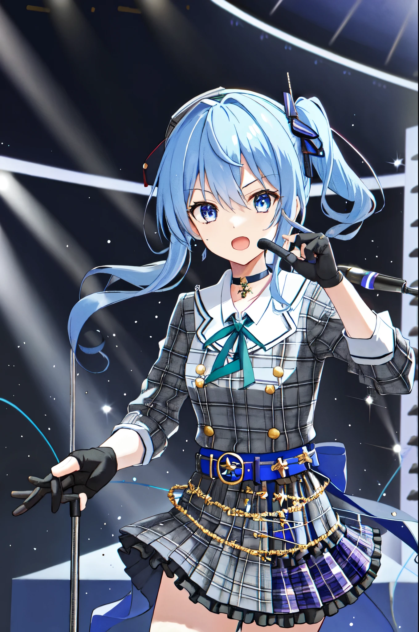 1 girl、Star Town Suisei、Blue eyes、gloves、microphone、Blue Hair、Plaid、hat、choker、Open Mouth、Plaid hat、Side Ponytail、beret、crown、skirt、Has a black gloveicrophone、Partially fingerless gloves、Plaid skirt、shirt、Hair between the eyes、belt、ribbon、Pointing、Microphone Stand、Long Shot