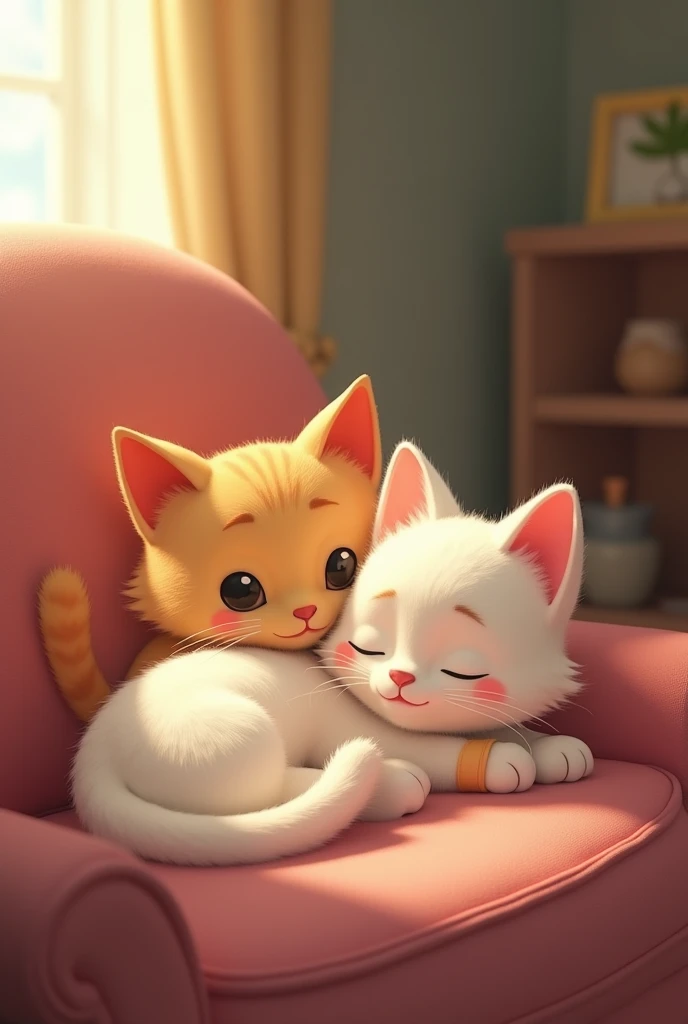 Moti brown band Sona white cat Sona with a Small Injury: Sona resting in a cozy corner with a small bandage on her paw, while Moti sits nearby, keeping her company. Pixar style
