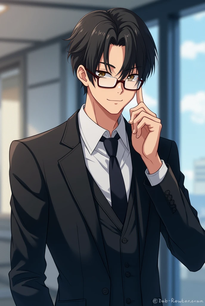 Man, black suit, glasses, background is a company, businessman, kind face, skinny, anime style, holding glasses with index finger of right hand, Japanese, looking straight ahead, big, hair hanging down