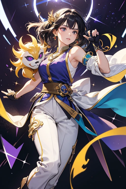 her silver-blue dark hair wears a white sleeveless shirt with subtle cloud patterns. It has a high black collar with golden accents, with its left side extending further to cover her shoulder. sHe wears baggy dark purple pants, and wears dark purple boots overtop. she has black and dark turquoise gloves with gold decals and a necklace. Around her left arm, Xiao wears a white and gold sleeve with a red lining. sHe notably carries an Anemo Vision on her left glove and is usually seen carrying her Yaksha mask on the back of her right hip. SPARKLE; GLITTER