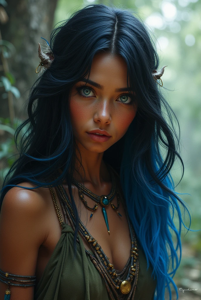 I want to create a female character with long hair., And it's black with blue tips. She is an indigenous、The skin color is brown、There is a little bit of blue in the eye..