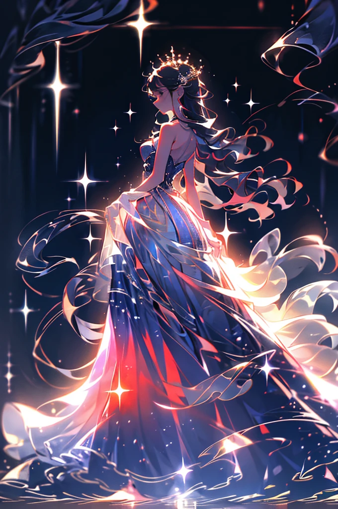 A young man and a young woman are in a grand and noble setting, with high ceilings adorned with constellations. The young woman has hair resembling crystal clear rivers and delicate, almost transparent skin. The young man, with black hair, stands close to her as she gently approaches him. The scene is filled with a sense of tenderness and emotion, set against the backdrop of a majestic and ethereal environment.