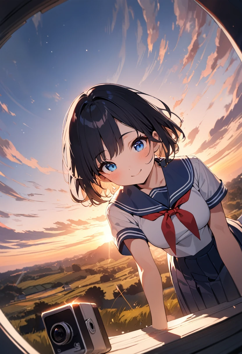  at dawn, sunrise, pinhole camera, wide-angle lens, dramatic lighting, soft lighting, best quality, very aesthetic, absurdres, ((1 girl)), ((soro)), black hair, short hair, medium breasts, baby face, cute, blue eyes, smile, no background, Sailor suit,short sleeve, Japanese student, dark blue collar, red tie, white clothes, dark blue skirt
, shallow depth of field, extreme long shot, countryside