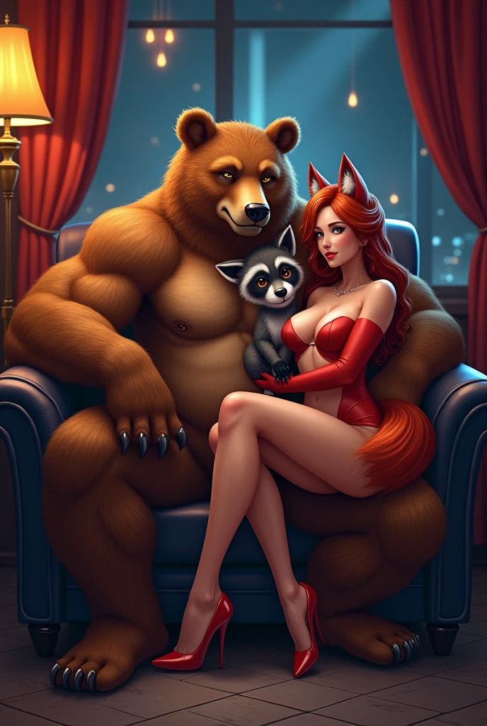 llustration art work. Fantasy art. full body, anthropomorphic furry Brown Bear Muscular man, anthropomorphic furry Red Fox y girl, anthropomorphic furry Raccoon Dog sexirl, furry, A brown bear is sitting on a sofa with a raccoon dog and an fox on either side. in hostess bar