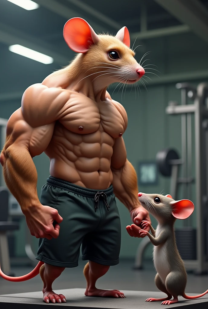 Make a muscular gym rat with a toned butt being admired by another little female rat
