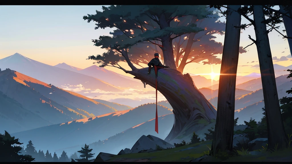 Balck ninja on peak of a giant treee in sun rise in forest and mountains ,rivers and fogg