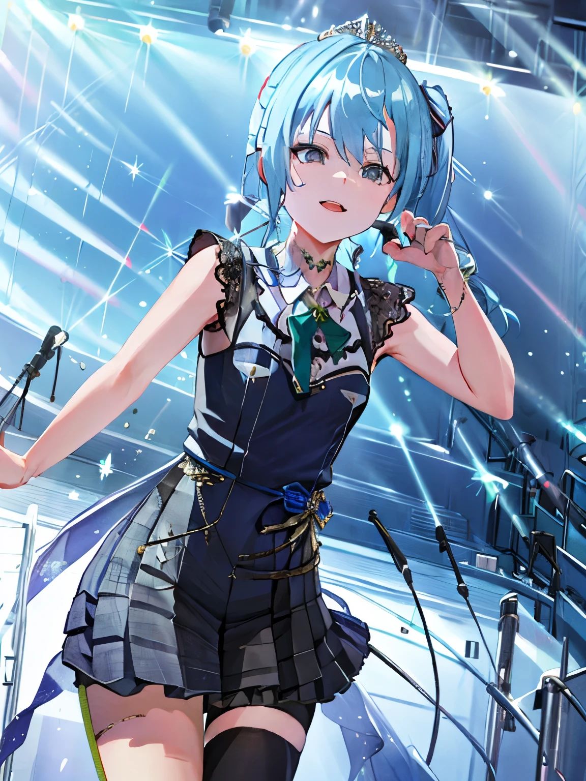 masterpiece, best quality, absurdres, 1girl, solo, Hoshimachi Suisei, light blue hair, blue eyes, happy, smile, parted lips, slender, sidelocks, sideponytail, toned, 
idol, idol clothes, ho****ve idol uniform, bowtie, blue skirt, brooch, dress, concert, on stage, frilled skirt, jewelry, layered dress, short sleeves, tiara, midriff, thighhighs,shout,(open_mouth:1.3),singing,(angry:0.6), (glare:0.6), idle_live,audience_landscape,light up_girl,solo,shiny_effects,smile。joy,happy,(slanted_eyes:1.3),navel,