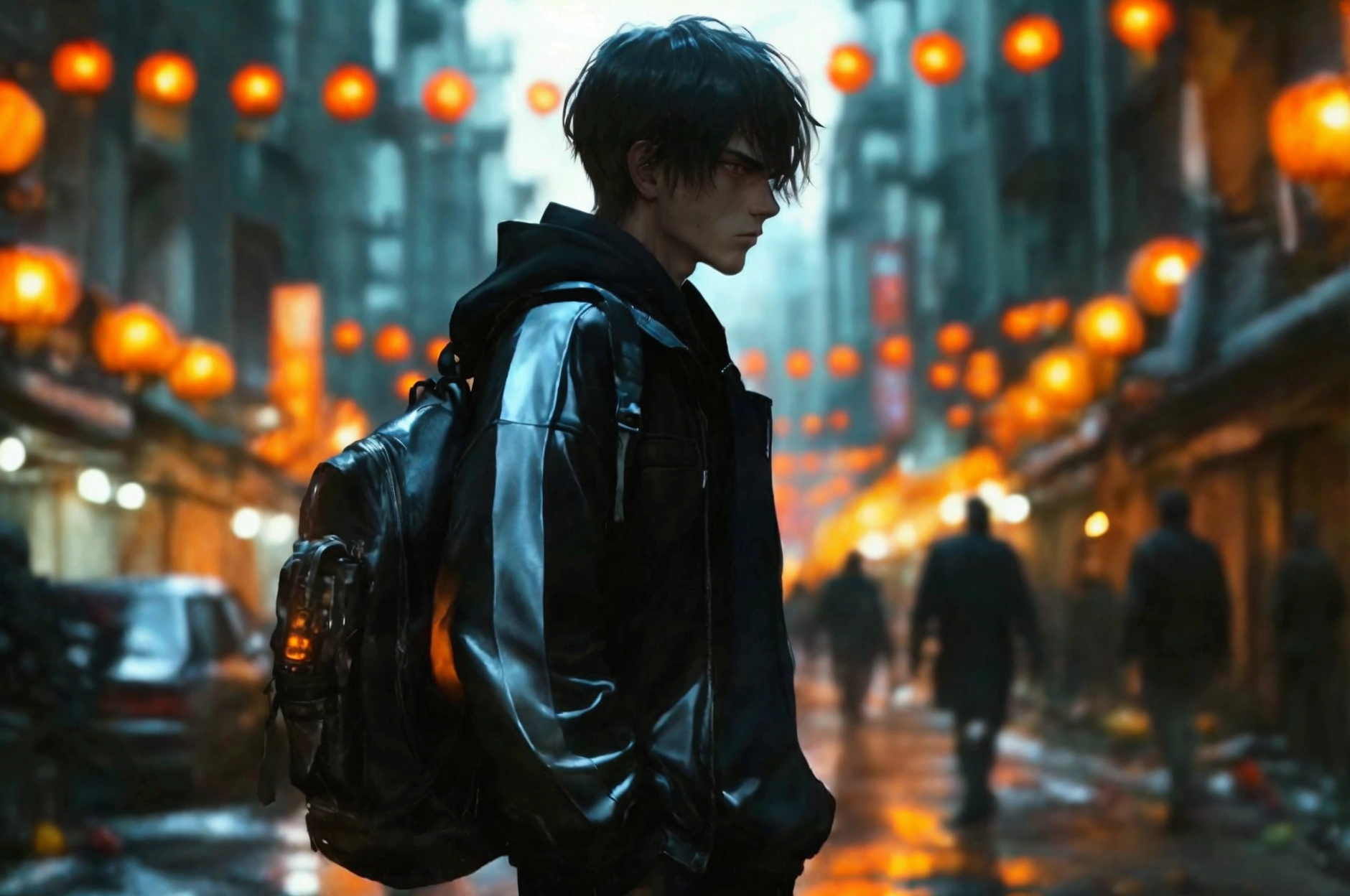 In a dark alley of a ruined modern metropolis, Alexander Volkok is found, A sixteen-year-old boy who is six feet tall and stands out as an imposing figure. Her blonde hair glistens faintly in the moonlight., and his intense blue eyes reflect the hopelessness of an apocalyptic world. He has an athletic body that shows his dedication to the sport., Although the dirt on his skin and his dark clothing indicate that he has been fleeing danger. He is dressed in a black varsity jacket that flutters slightly in the wind and a shirt of the same color underneath.. He carries a large backpack on his back., full of essential provisions. It seems to be armed. In the background you can see a burning car and several unrecognizable shadows.