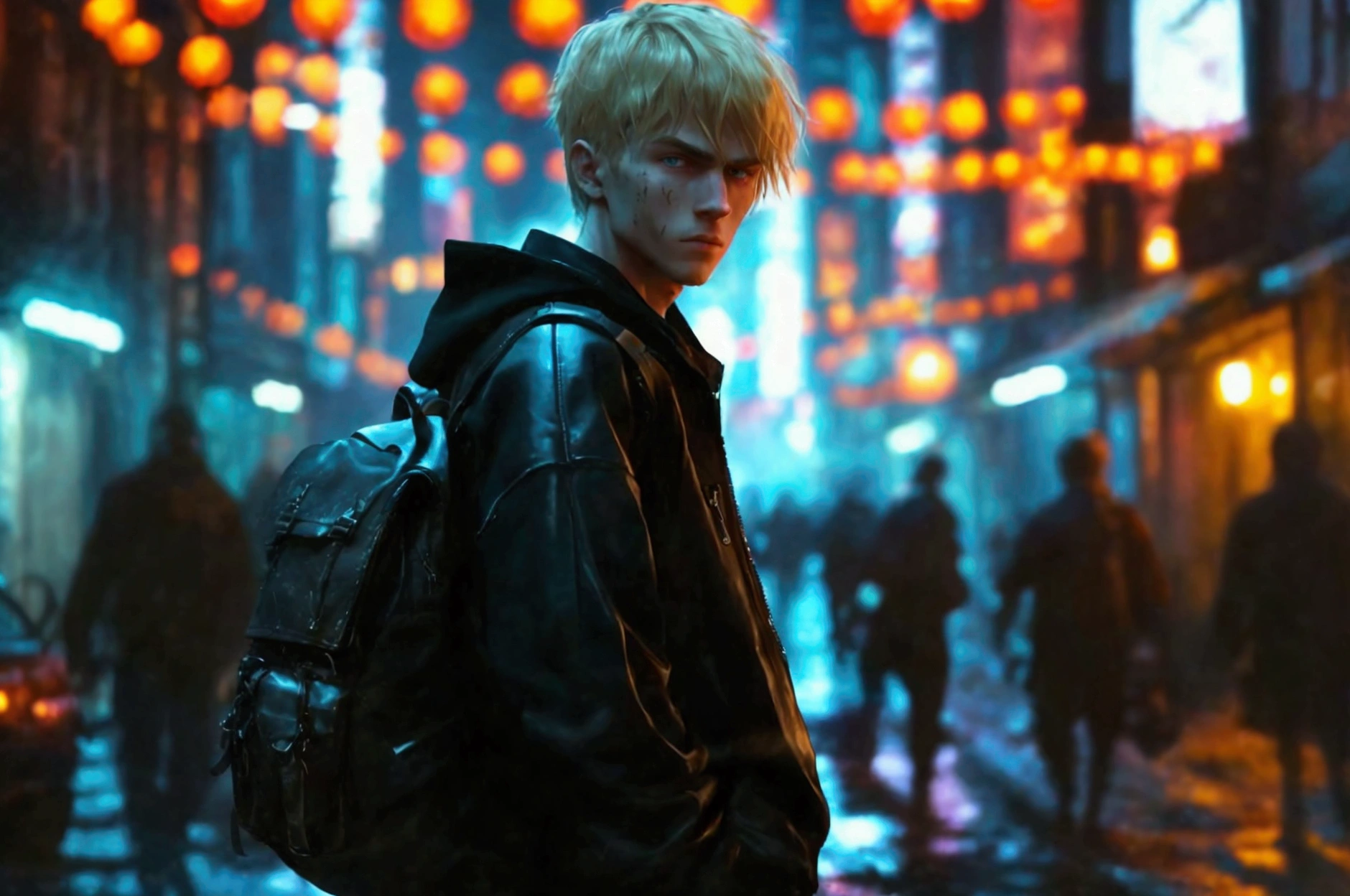 In a dark alley of a ruined modern metropolis, Alexander Volkok is found, A sixteen-year-old boy who is six feet tall and stands out as an imposing figure. Her blonde hair glistens faintly in the moonlight., and his intense blue eyes reflect the hopelessness of an apocalyptic world. He has an athletic body that shows his dedication to the sport., Although the dirt on his skin and his dark clothing indicate that he has been fleeing danger. He is dressed in a black varsity jacket that flutters slightly in the wind and a shirt of the same color underneath.. He carries a large backpack on his back., full of essential provisions. It seems to be armed. In the background you can see a burning car and several unrecognizable shadows.