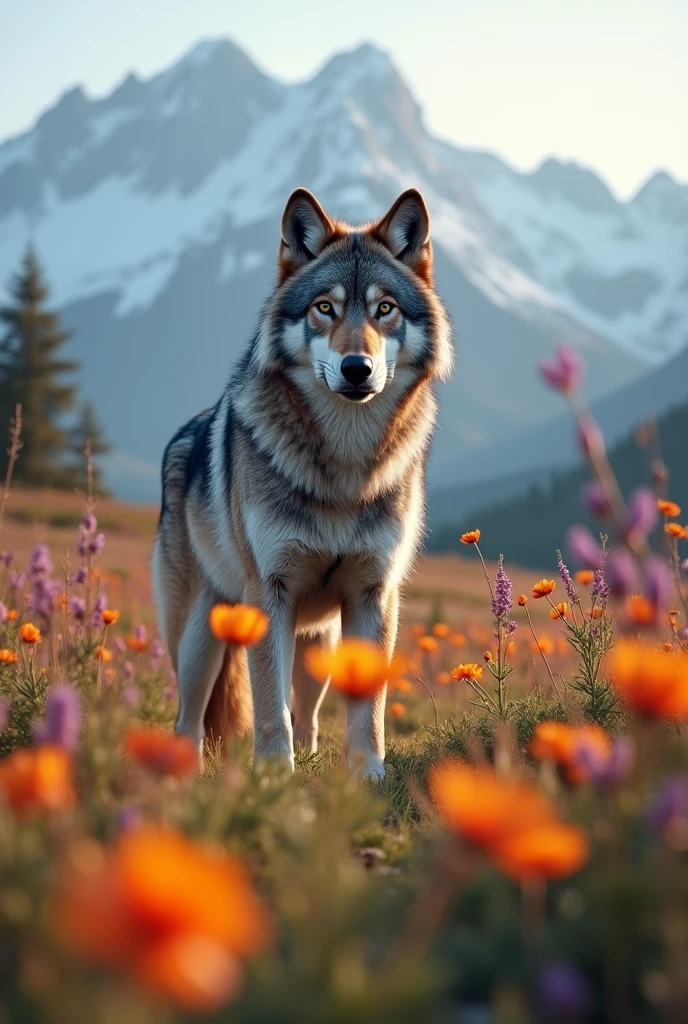 Professional photo of a wolf in flowers, Mountain in the background々 :: Very detailed,Shot with Hasselblad X1D-50c,ISO 100 --ar 3:2 --q 2 --v 4 -
