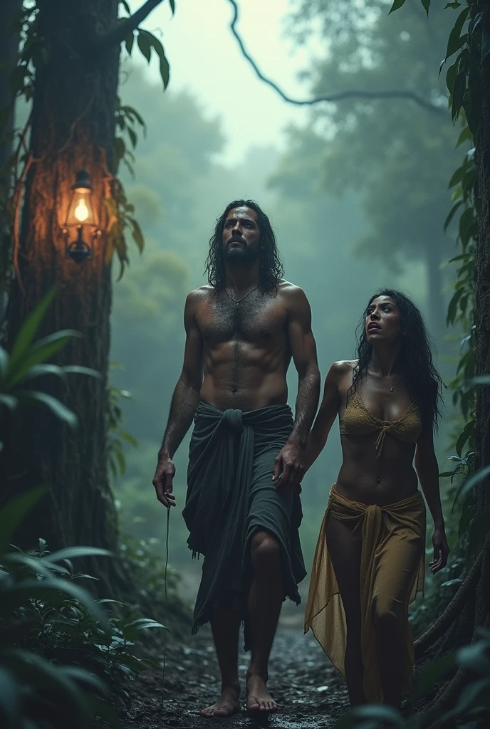 I&#39;m making some covers for my religion films, the movie cover must be full 4k, with hyper details, o tema do filme é a criação e queda feito por Adam and Eve, remember on this cover, the idea is to have two sides,and two people, Adam and Eve, a tall, strong man and a delicate woman, They are both scared trying to understand where they are, this cover must have 1 focus point and 1 out of focus point, they are in the forest, had ended, to arrive, they are scared and sweating a lot, put eva&#39;s hand in front of the camera, trying to ask for help,