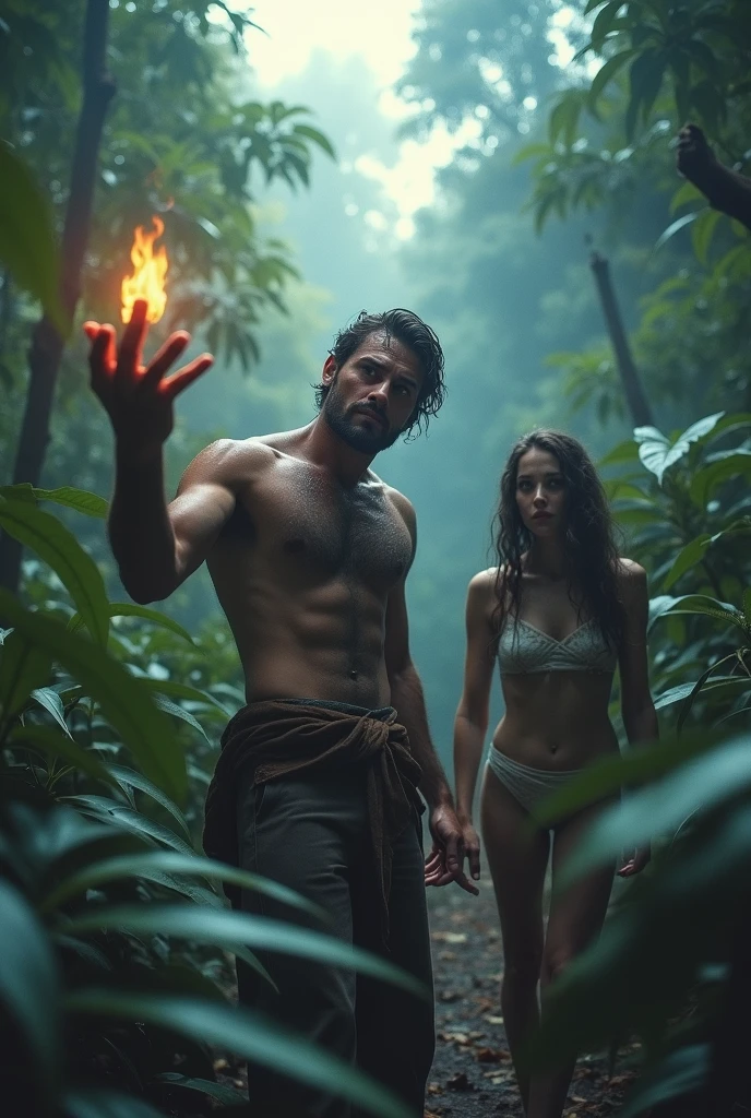 I'm making some covers for my religion films, the movie cover must be full 4k, with hyper details, o tema do filme é a criação e queda feito por Adam and Eve, remember on this cover, the idea is to have two sides,and two people, Adam and Eve, a tall, strong man and a delicate woman, They are both scared trying to understand where they are, this cover must have 1 focus point and 1 out of focus point, they are in the forest, had ended, to arrive, they are scared and sweating a lot, put eva's hand in front of the camera, trying to ask for help,