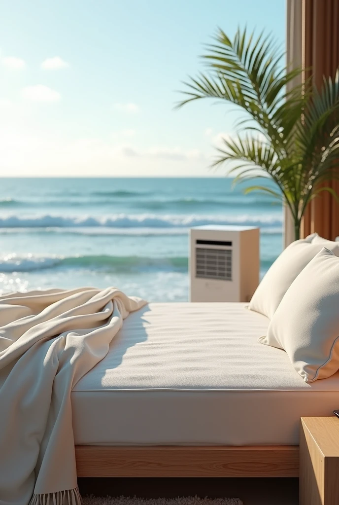 Example of a mattress that uses bed sheets and a bedcover ocean, plus there is Air Conditioner and next to it there is iPhone 14 Pro Max