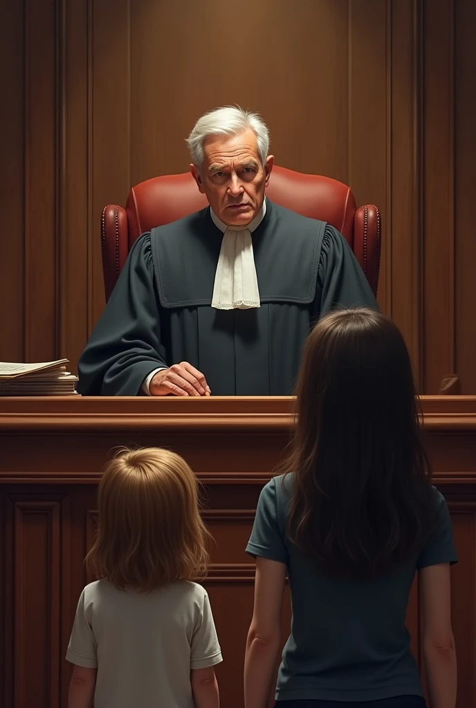 The judge, a stern-looking figure in robes, listens attentively as the kind friend and his daughter stand before him.