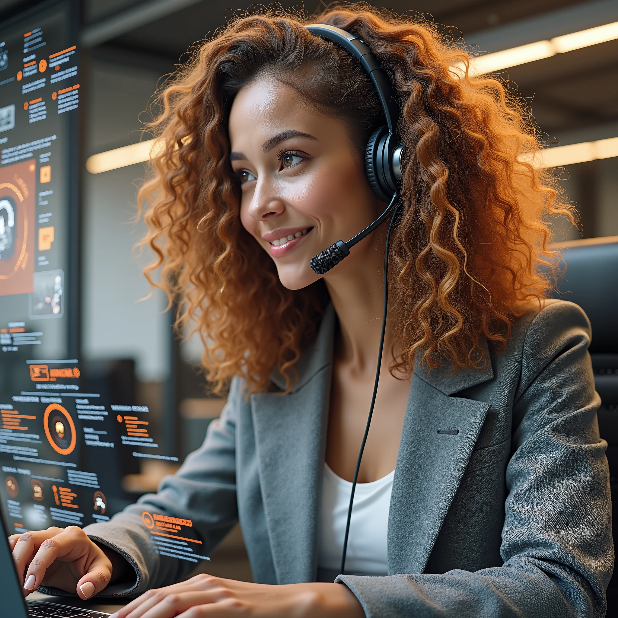 Create an image of a young woman resembling Andy Allo, working as a customer service representative in a futuristic setting. She has medium-length, curly hair with a golden brown hue and a warm skin tone. She is wearing a casual yet professional outfit, like a fitted jacket over a simple blouse. The setting around her is a high-tech office space with holographic screens and digital interfaces floating around her. She is seated at a sleek desk with a headset on, and her expression is focused yet approachable, capturing the charm and elegance similar to Andy Allo. The background features large windows showing a cityscape with tall buildings and a bright, clear sky.