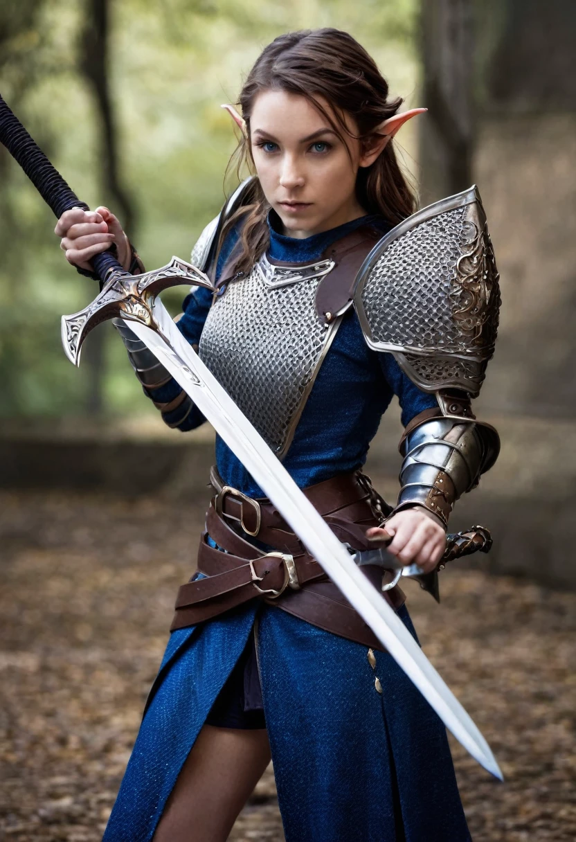 Masterpiece, Best Quality, 1girl, solo, brown hair, small elf ears, small pointy ears, female, androgynous, broad shoulders, dark blue eyes, tan skin, chainmail, armor, longsword, fighting pose