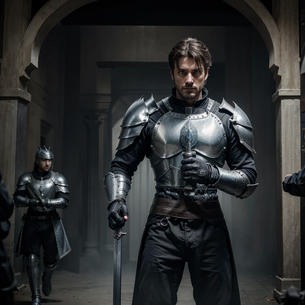 To create the realistic image like a photograph, imagine a strong Grey warrior knights standing stall, who catches the light in a captivating way. He is holding a two handed swords. with a majestic Grey warhorses behind him. Around him, grey-blue flames swirl that accentuate his unique and intimidating presence. The background contains his name "GREY", which is written in gothic letters, adding a mysterious touch to the whole image. This composition evokes both the passion and the singularity of this fascinating character.