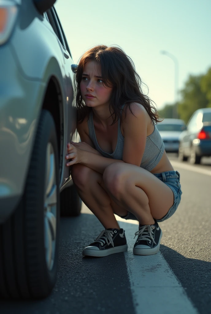 (A teen girl desperately can’t hold it anymore) (no restrooms around) (she made her parents stopped the car in from of traffic to relieve herself ) (Realistic) (she is urinating (urgently) at side of the freeway) ( sitting on the car with the open car door to hide. She really needed to go