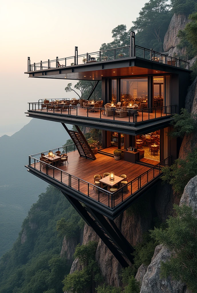 Cantilevered terrace for parties made of iron and wood with parallel stairs leading to the bathrooms which are below along with a small waiting area

