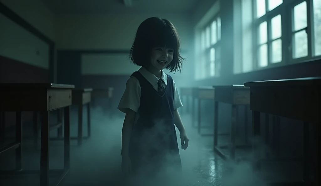A dark-toned image, where the ghostly figure of a sinister young girl with torn school clothes can barely be seen in a school classroom, His pale face emerging from the shadows with a macabre smile, and a light mist covering the ground, which creates an atmosphere of mystery and terror.