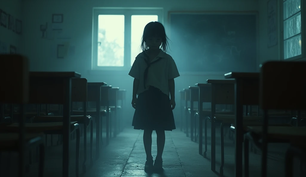 A dark-toned image, where the ghostly figure of a sinister young girl with torn school clothes can barely be seen in a school classroom, His pale face emerging from the shadows with a macabre smile, and a light mist covering the ground, which creates an atmosphere of mystery and terror.