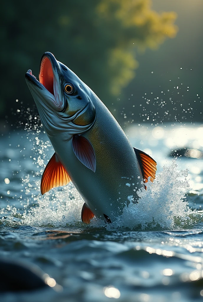 (((Highest quality, 8k, masterpiece: 1.3, Verism, cinematic lighting, backlighting, Canon, best quality, highres, 16K, accurate)), ((Highest quality)), ((masterpiece)), (detailed), ((Higuma, Sweeping salmon with right front leg)), Salmon floating, Shake hunt moment, salmon, river
