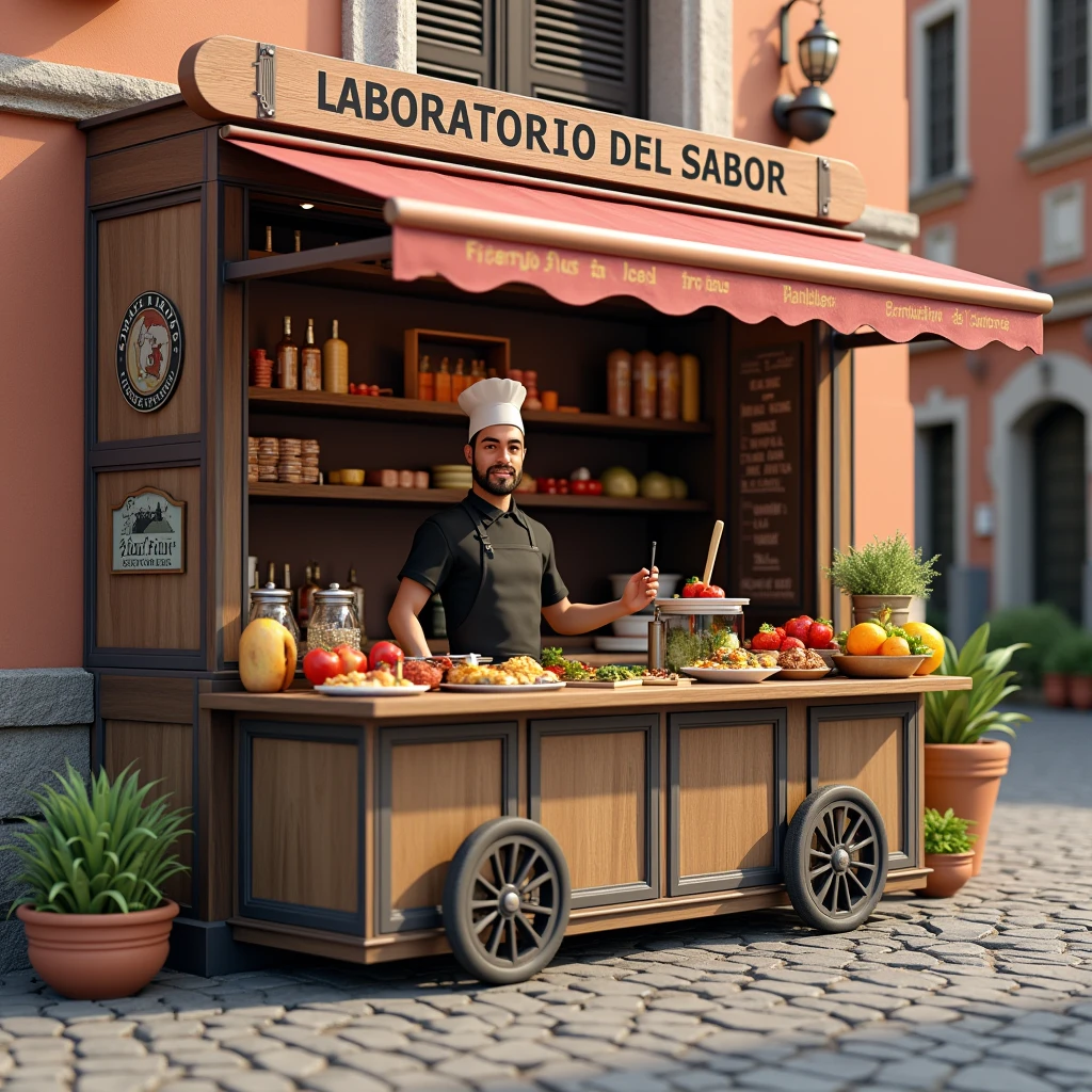 A 3D render of a food stand named "Laboratorio del sabor". The stand is set up on a cobblestone street. There's a chef wearing a white hat and a black outfit, standing behind the counter. He is holding a spoon. The counter is covered with various ingredients, including fruits, vegetables, herbs, and spices. There are also some cooked dishes on the counter. The background reveals a quaint European town with red brick buildings.