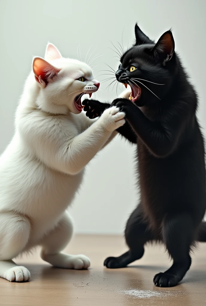 The white cat is using both hands to punch the black cat in the face.